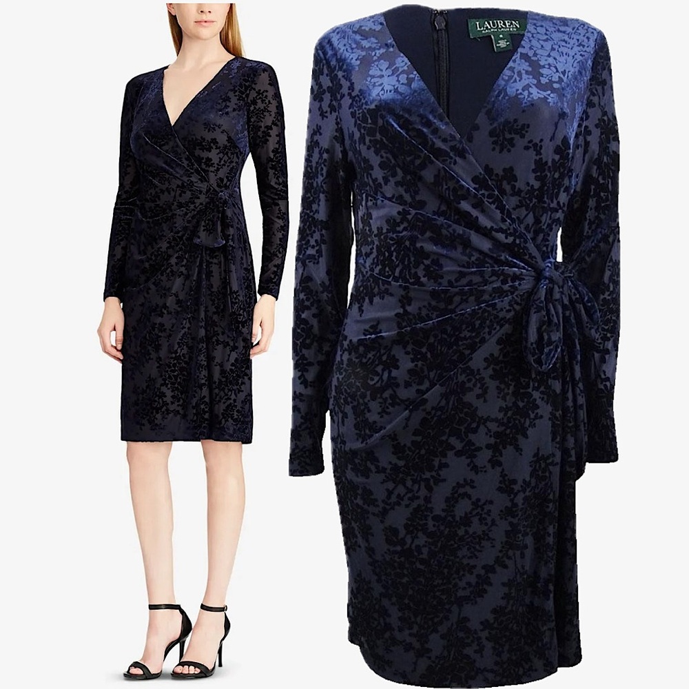 Lauren by Ralph Lauren - Dark Blue Petite Flocked Velvet Wrap Dress